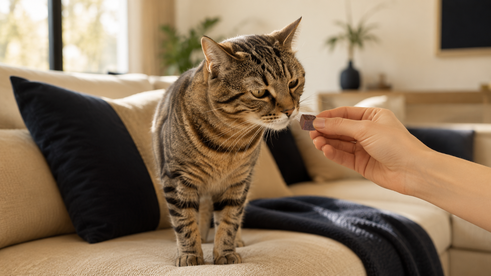 Un chat reçoit un chew de la main de sa propriétaire
